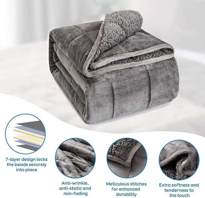 Cottonblue Weighted Blanket 25 lbs for Queen Bed, Flannel Shaggy Sherpa Weighted Blanket for Adults Comfortable Weighted Blankets for Calming and Relax, Bed Sofa Heavy Blankets, 60x80 inches, Grey