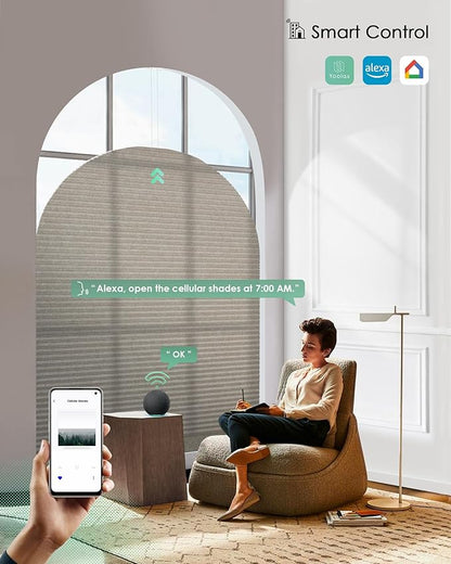 Yoolax Smart Cellular Shades, Motorized Elongated Arch Honeycomb Blinds with Remote Compatible with Alexa, Customized Elongated Arch Cellular Shades (Half Shading Texture Light Coffee)