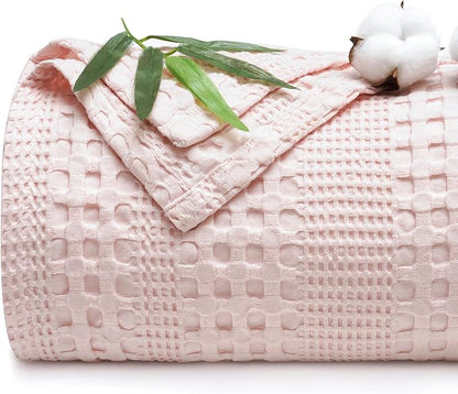 PHF Cooling Waffle Blanket Twin Size, Lightweight 60% Rayon Derived from Bamboo & 40% Cotton Breathable Blanket for Hot Sleepers, Soft and Luxury for Bed Couch and Sofa, 66"x90", Pink