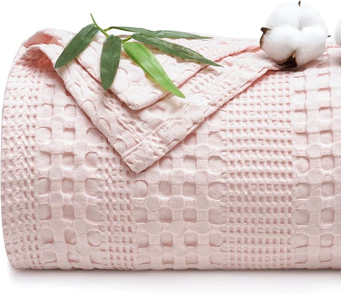PHF Cooling Waffle Blanket King Size, Lightweight 60% Rayon Derived from Bamboo & 40% Cotton Breathable Blanket for Hot Sleepers, Soft and Luxury for Bed Couch and Sofa, 104"x90", Pink