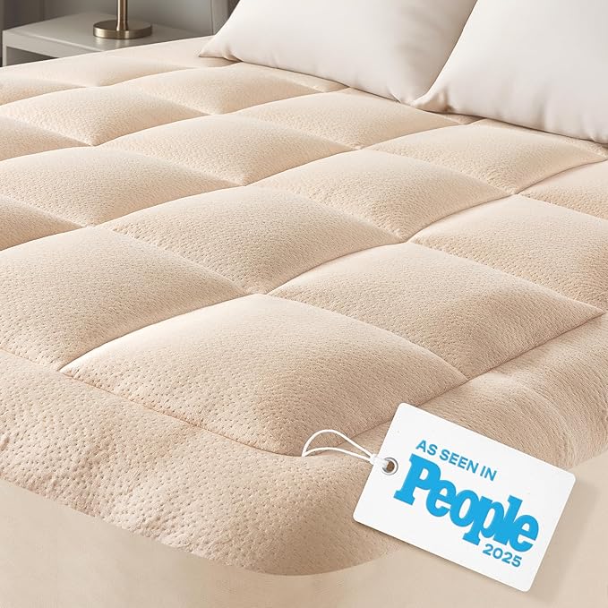 Ultra Soft Queen Size Mattress Topper - Viscose Made from Bamboo Pillow Top Mattress Pad for Back Pain Relief - Naturally Cooling for Hot Sleepers, Beige