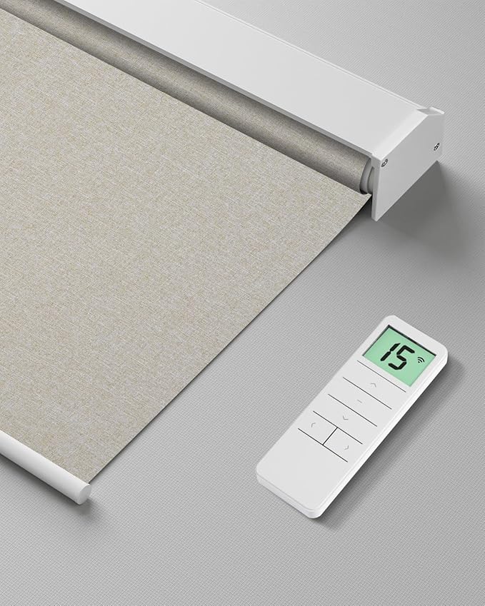 Motorized Roller Shade with Remote Control, Blackout Electric Shade for Windows Compatible with Alexa Google via Hub, Rechargeable Smart Window Blind Customized Size (Fabric Beige)