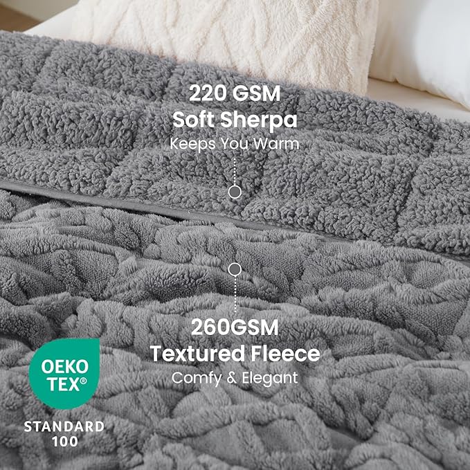 Weighted Blanket Queen Size 17lbs, Ultra-Warm Thick Sherpa Weighted Blankets for Sleep Natural, Winter Bed Blanket with Ceramic Beads, Classy Soft Jacquard Knitted Heavy Blanket, Grey, 60 x 80 inches