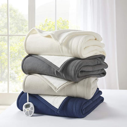Serta Reversible Fleece to Sherpa Electric Blanket, Fast Heating, Auto Shut Off Timer, Multi Heat Setting, ETL Certified, Machine Washable, Blue King 90"x 100"