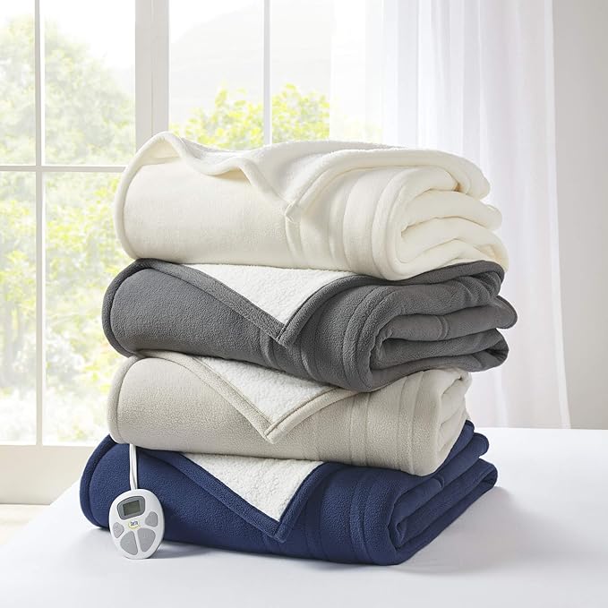 Serta Reversible Fleece to Sherpa Electric Blanket, Fast Heating, Auto Shut Off Timer, Multi Heat Setting, ETL Certified, Machine Washable, Queen 90"x 84", Ivory
