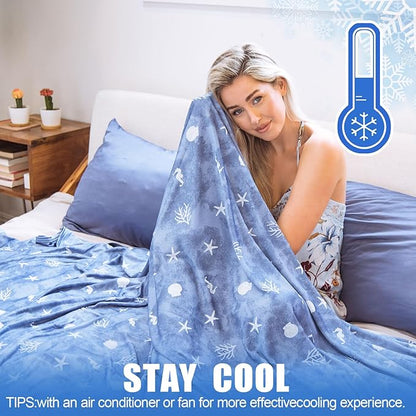 Ailemei Direct Cooling Blanket with Double Sided Cold Effect, Lightweight Breathable Summer Oversize Coastal Theme Bed Blankets, Transfer Heat to Keep Body Cool for Hot Sleepers Night Sweats, 108“x90”