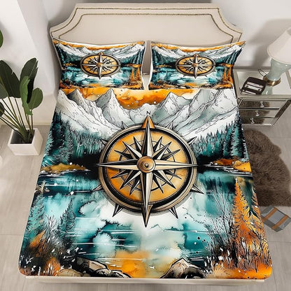 Compass Kids Fitted Sheet Queen Size,Mountain River Natural Scenery Retro Bedding Set,Boys Girls Room Decor,Lake House Fishing Adventure Camping Bed Cover,Green Bed Sheet,2 Pillowcases(No Top Sheet)
