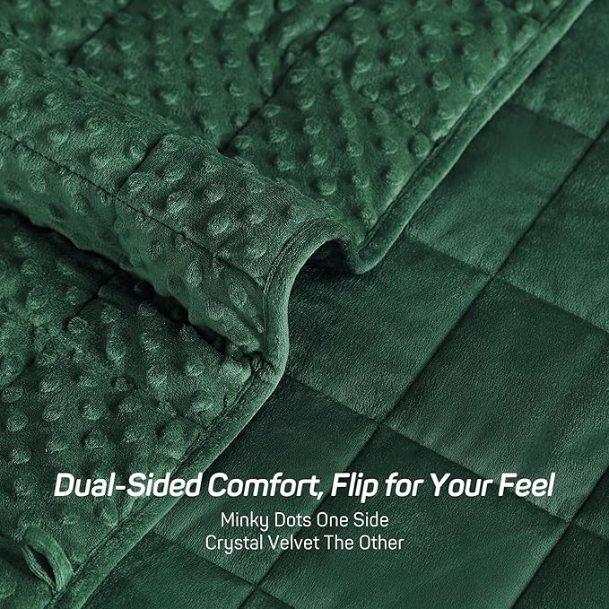 Weighted Blanket for Adults Queen Size 15 lbs, Soft Minky Dot Cozy Heavy Blanket for Sleep, Reversible Breathable Warm Blanket with Glass Beads, Dark Green 60 x 80 inches
