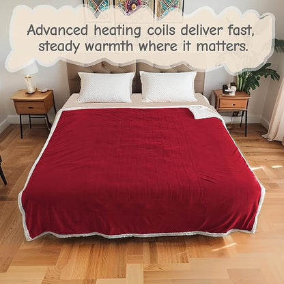 Electric Heated Blanket Queen Size 84"x90", Soft Flannel with Dual Controllers & Overheat Protection, 9 Adjustable Heat Settings & 10-Hour Auto-Off Timer, Fast Heating for Winter Comfort, Red