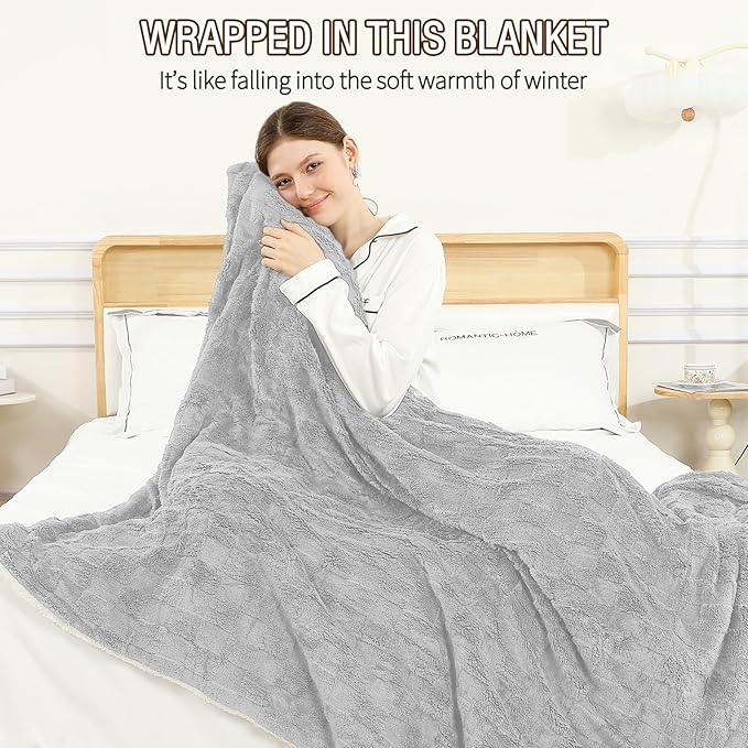 Electric Heating Blanket Throw size 50x60,Electric Blanket Checkered Weave-Wool Blend Heated Blanket,Rapid Heating 6 Temperature Settings 4-Hour Auto Shut-Off ETL Certified,Machine Washable,Light Gray