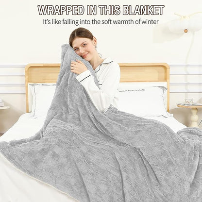 Electric Heating Blanket Throw size 50x60,Electric Blanket Checkered Weave-Wool Blend Heated Blanket,Rapid Heating 6 Temperature Settings 4-Hour Auto Shut-Off ETL Certified,Machine Washable,Light Gray