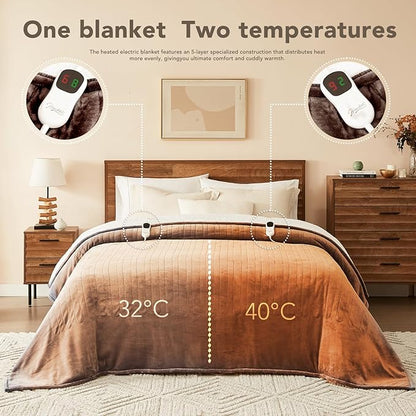 Homemate Electric Heated Blanket Queen - 84"x90" Heating Bed Blankets Throw with 10 Heating Levels 8 Hours Auto Off Fast Heating Over-Heated Protection Ultra Soft Warm Flannel ETL Certified Brown