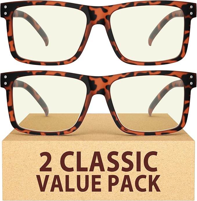 Eyekepper 2 Pack Oversized Reading Glasses Square Large Blue Light Readers for Men Women - Tortoise +4.00