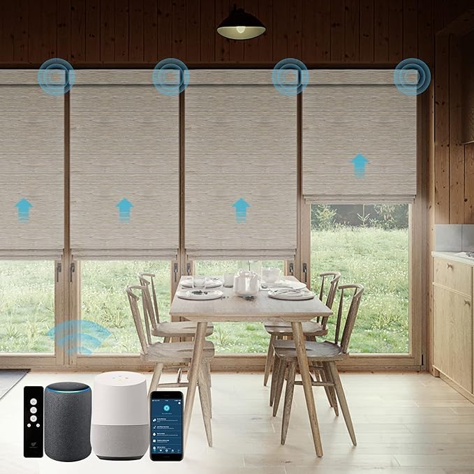 SmartWings Motorized Natural Woven Wood Shades for Windows Work with Matter Homekit Z-Wave Alexa Google, 50%/70%/100% Blackout Electric Auto Roman Shades Cordless Remote Control Customized, Linen 004