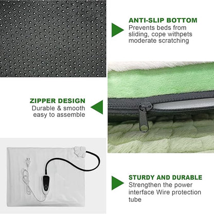 Heated Cat Bed Indoor Washable Bed Memory Foam Soft Dog Bed with Side Pillow, Smart Temperature Control Switch, Removable Cotton Sleeve Wash-Green (Green, 20 x 20 x 2 in)