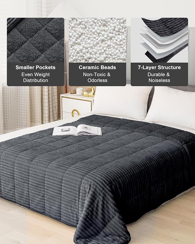 Sherpa Fleece Adult Weighted Blanket 20lbs with Ribbed Stripes, Dual Sided Fuzzy Warm Blanket for Couch Bed Sofa, Heavy Thick Blankets with Ceramic Beads Great for Sleep, Dark Grey, 60" x 80"