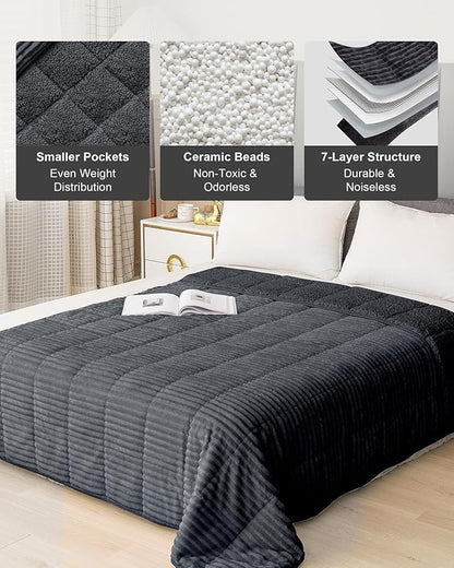 Sherpa Fleece Weighted Blanket with Ribbed Stripes for Adults, 15 lbs Dual Sided Cozy Warm Blanket for Couch Full Size Bed, Ceramic Beads Heavy Thick Blankets Great for Sleep, Dark Grey, 60" x 80"