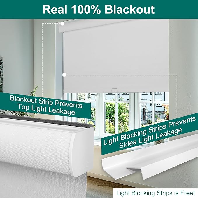 BERISSA Cordless Blackout Roller Shades for Windows,Free-Stop Linen Fabric Windows Blinds with Cassette Valance,Thermal Insulated UV Protection Roller Blinds for Home Office. White.46 W x 48" H