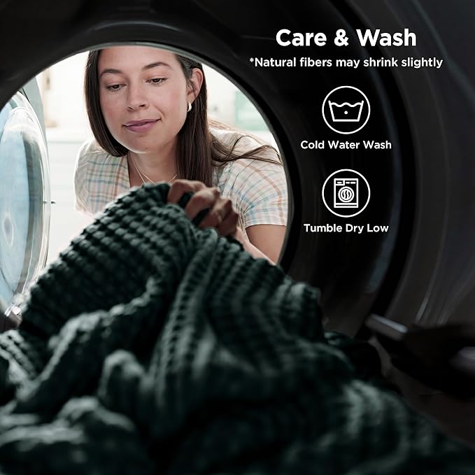 Bedsure Cooling Cotton Waffle Queen Size Blanket - Lightweight Breathable Blanket of Rayon Derived from Bamboo for Hot Sleepers, Luxury Throws for Bed, Couch and Sofa, Dark Green, 90x90 Inches