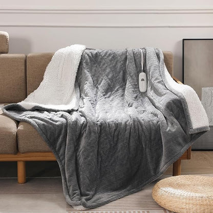 Electric Throw Blanket Heated Throw 50''x60''- Wheat Pattern Flannel & Sherpa Heated Lap Blanket with 5 Heat Settings & 4-Hour Auto Shut-Off, ETL & FCC Certified, Machine Washable Home Use, Grey