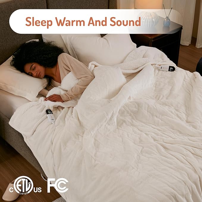 Degrees of Comfort Electric Blanket Twin Size - Soft Sherpa Flannel Heated Blankets - 6 Heat Settings, 10-Hour Auto Shut-Off, Overheat Protection, Etl Certified - 62x84'', Ivory