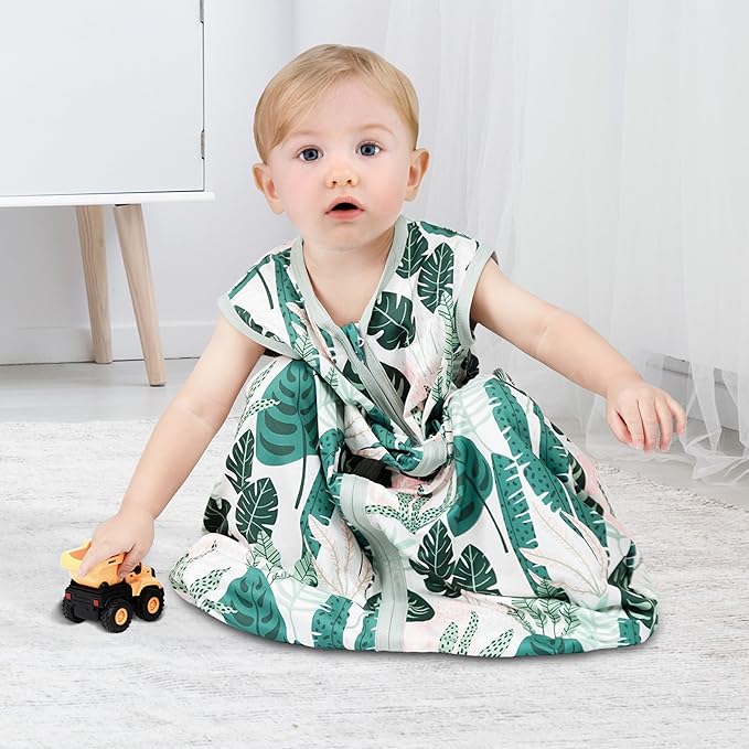 3 Pack Baby Sleep Sack 12-18 Months 100% Rayon Cotton Baby Sleeping Bag 2-Way Zipper Toddler Wearable Blankets Comfy Stretchy TOG 0.3 Lightweight（Banana&leaf&green）