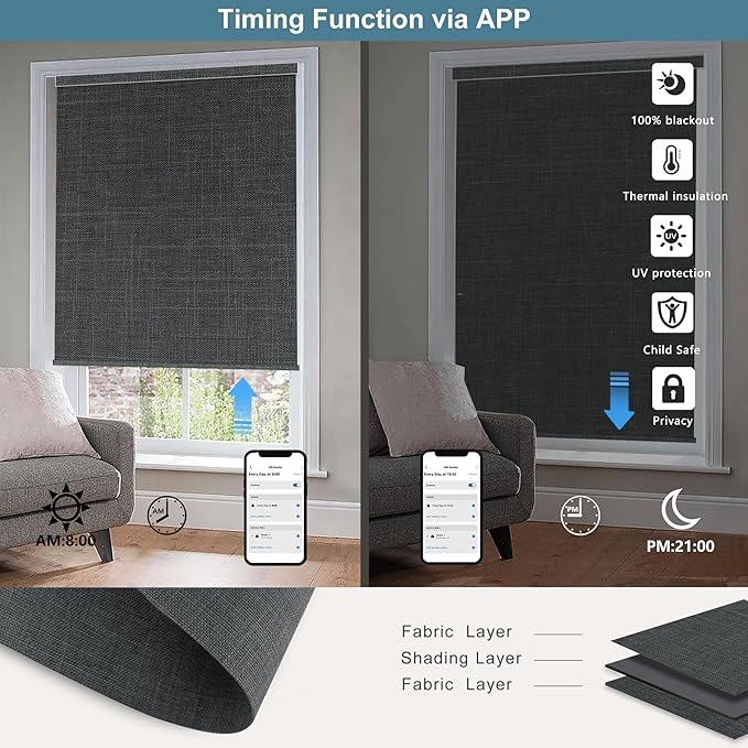 Bringnox Motorized Blinds with Remote,100% Blackout Smart Roller Blinds Compatible with Apple Homekit Google Home and Alexa Via HUB,and Customized (Bouvardia Dark Grey-17)
