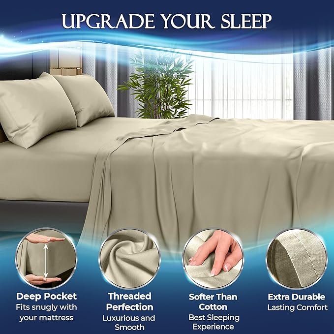 DECOLURE Cooling Sheets Full Set 4pcs - Luxurious & Ultra-Soft Full Size Cooling Sheets for Hot Sleepers - Comfortable Bamboo Viscose Microfiber Full Cooling Bed Sheets w/Deep Pockets (Cream)