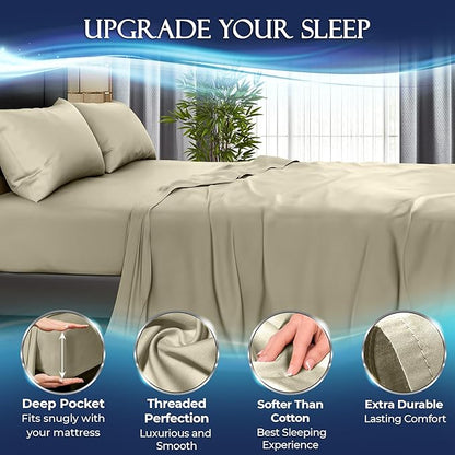 DECOLURE Cooling Bed Sheets Cal-King Set 4pcs - Luxurious & Soft California King Size Cooling Sheets for Hot Sleepers - Comfy & Cool California King Bamboo Viscose Microfiber Sheets (Cream)