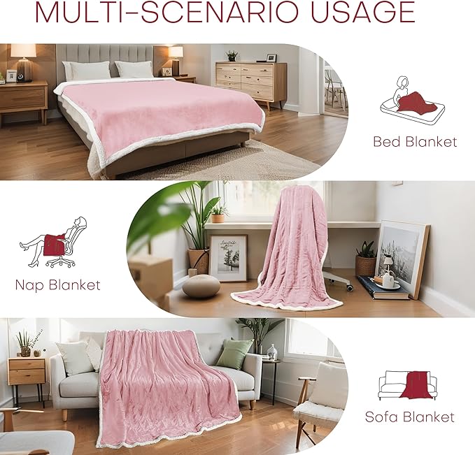 Electric Heated Blanket Full Size 72"x84" - Flannel & Sherpa Fabric Dual-Sided, 9 Heat Settings & 1-10 Hours Auto Off, Soft & Cozy Warming Throw for Home, Office, or Bed, Machine Washable, Light Pink