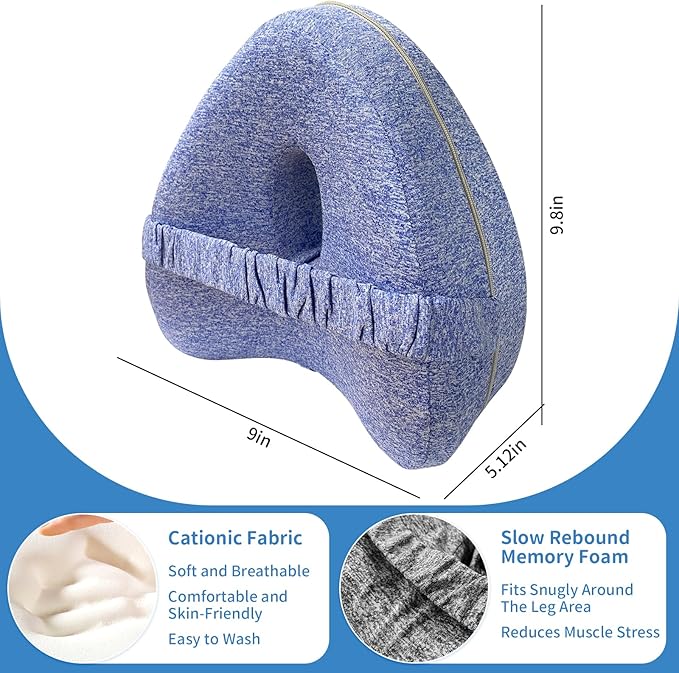 Knee Pillow for Side Sleepers, Leg Pillow with Elastic Strap, Smooth Spine Pillow for Side Sleeping, Thigh Pillows with Removable and Washable Cover, Light Blue