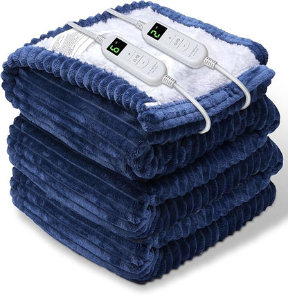 Electric Heated Blanket Throw, Heating Blanket Throw with 4 Timer Settings & 6 Heat Settings, Best Winter Gifts for Men and Women, White Elephant Gifts for Adults (90x100 Inch, Navy Blue)