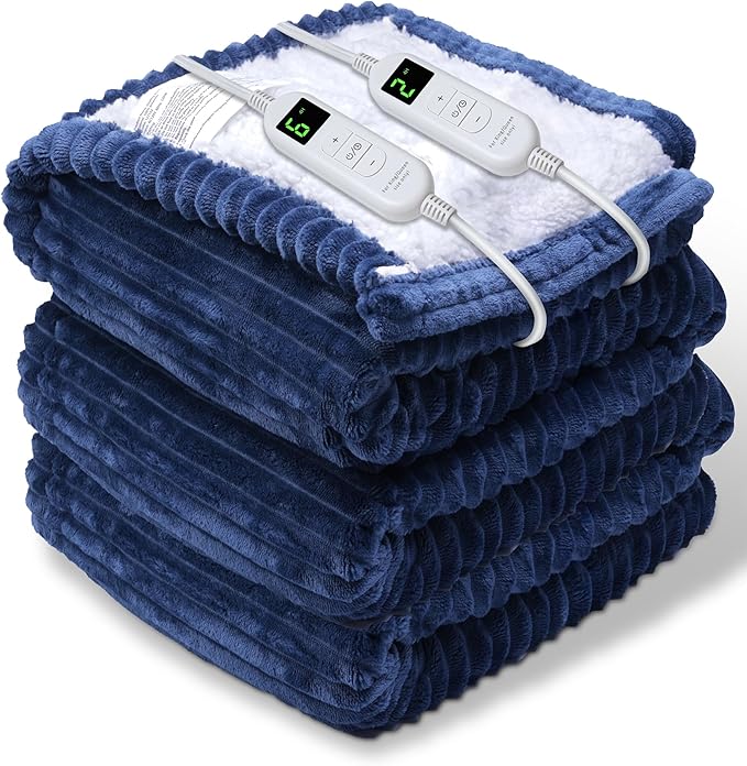 Electric Heated Blanket Throw, Heating Blanket Throw with 4 Timer Settings & 6 Heat Settings, Best Winter Gifts for Men and Women, White Elephant Gifts for Adults (84x90 Inch, Navy Blue)