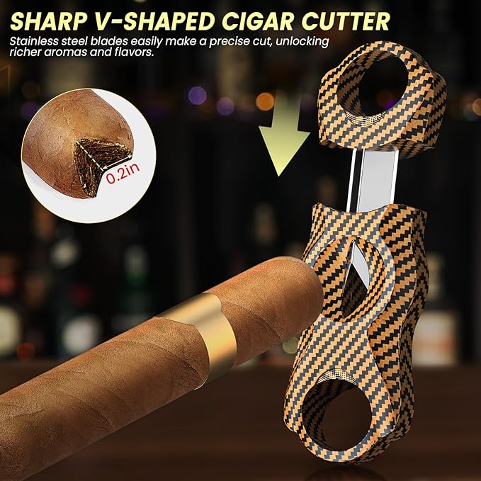 Travel Cigar Humidor Set with Torch Cigar Lighter, V Cigar Cutter, Cigar Ashtray, Cigar Holder, Humidifier & Hygrometer, Portable Travel Cigar Case with Cigar Accessories Kit, Cigar Gifts for Men