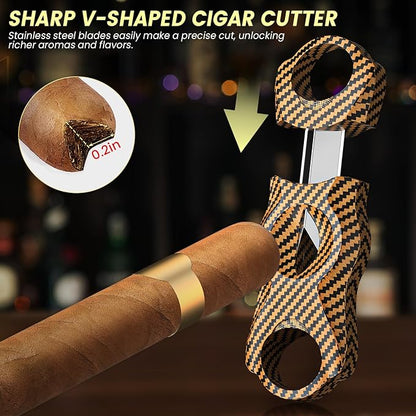 Travel Cigar Humidor Set with Torch Cigar Lighter, V Cigar Cutter, Cigar Ashtray, Cigar Holder, Humidifier & Hygrometer, Portable Travel Cigar Case with Cigar Accessories Kit, Cigar Gifts for Men