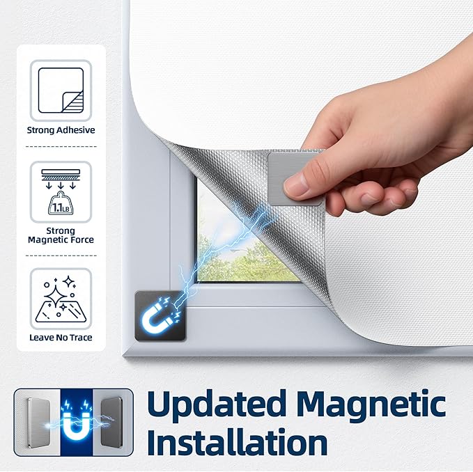 Magnetic Blackout Window Cover, 54" x 58" Portable Blackout Curtains for Bedroom, No Drill Windows Shades & Black Out Blinds, Temporary Black Out Shades for Window Film Nursery Travel RV - White
