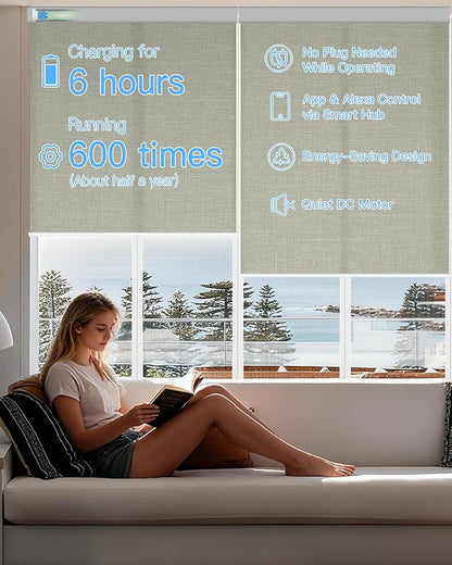 Motorized Light Filtering Roller Shades with Remote Control, Smart Blinds for Windows Compatible with Alexa Google via Hub, Rechargeable Electric Window Shade Customized Size (Light Grey)