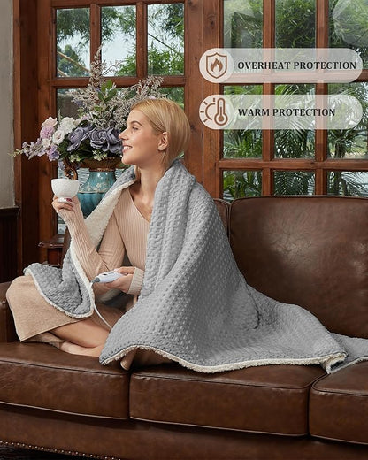 CAROMIO Heated Blanket Throw, Waffle Weave Electric Throw Blanket Fast Heating with LCD Controller, 6 Heat Levels & 4 Hour Auto Shut Off, ETL Certified, Machine Washable, Grey, 50" x 60"