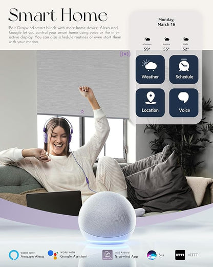 Graywind Smart Blackout Roller Shades Compatible with Alexa Google Textured Gleaming Fabric Rechargeable Motorized Blinds Cordless Remote Control Window Shades, Custom Size (Striped Light Grey)