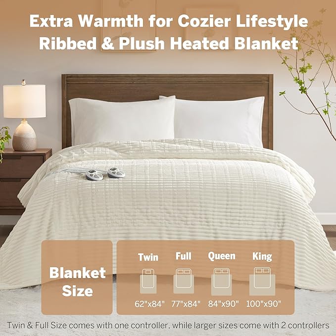 Serta Electric Blanket, Soft, Ribbed, Plush Heating Blanket Queen for Office, Couch, 1-12 hr Auto Shut Off Timer, 10 Lv Heating, ETL Certified, Queen 84"x90" Marshmallow