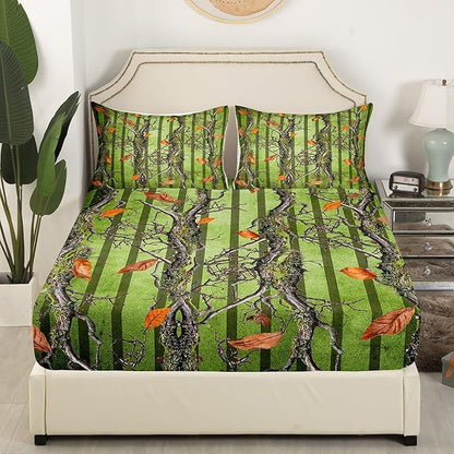 Tree Branches Kids Fitted Sheet Queen Size,Wild Hunting Adventure Cabin Bedding Set,Boys Girls Room Decor,Jungle Botanical Leaves Rustic Nature Bed Cover,Green Bed Sheet,2 Pillowcases(No Top Sheet)