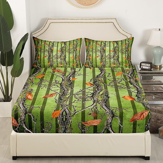 Tree Branches Kids Fitted Sheet Full Size,Wild Hunting Adventure Cabin Bedding Set,Boys Girls Room Decor,Jungle Botanical Leaves Rustic Nature Bed Cover,Green Bed Sheet,2 Pillowcases(No Top Sheet)