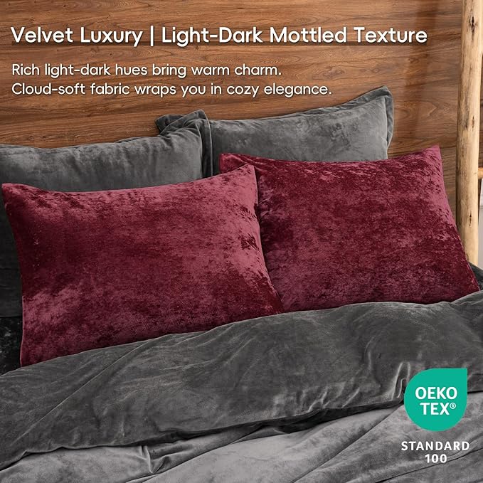 PHF Truly Velvet Pillowcases Standard Size, No Insert, 2 Pack Ultra Soft Breathable Pillow Shams Covers with Envelope Closure, 20" X 26" Luxury Cozy Warm Fuzzy Flannel, Wine Red