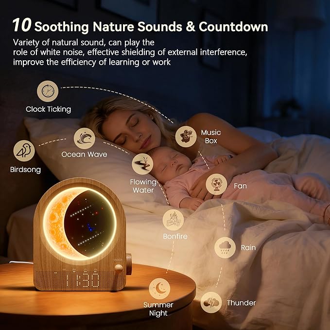 Sunrise Alarm Clocks with Dimmable Moon Lamp, 2 Alarm Clocks with 12Levels Volume for Heavy Sleepers, 10 Natural Sounds with 30/60/90mins Timer for Bedrooms, Gifts for Women (Brown Woodgrain)