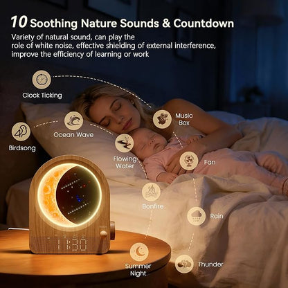 Sunrise Alarm Clocks with Dimmable Moon Lamp, 2 Alarm Clocks with 12Levels Volume for Heavy Sleepers, 10 Natural Sounds with 30/60/90mins Timer for Bedrooms, Gifts for Women (Brown Woodgrain)