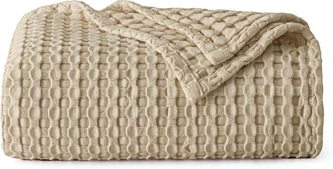 Bedsure Cooling Cotton Waffle Weave Throw Blanket - Lightweight Breathable Blanket of Rayon Derived from Bamboo for Hot Sleepers, Luxury Throws for Bed, Couch and Sofa, Light Brown, 50x70 Inches