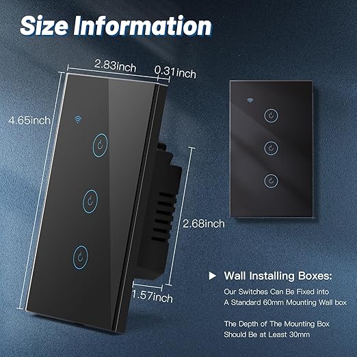 BSEED Smart Light Switch, 3 Gang WiFi Alexa Light Switch with Remote APP Control and Timing Function, Single Pole Black Light Switches Work with Alexa, Google Assistant, Voice Control, Group Control