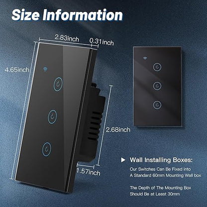 BSEED Smart Light Switch, 3 Gang WiFi Alexa Light Switch with Remote APP Control and Timing Function, Single Pole Black Light Switches Work with Alexa, Google Assistant, Voice Control, Group Control