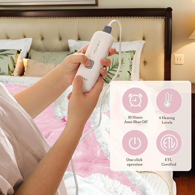 Electric Heated Blanket 62"x84" Twin Size Flannel & Sherpa - 4 Heat Settings & 10H Auto Shut Off for Safe Overnight Use, Fast Heating, Machine Washable for Bed, Couch, Office - Pink