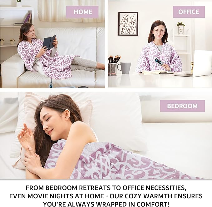 Beautyrest Wearable Electric Poncho Wrap Blanket, Ultra Soft Sherpa & Berber Fleece Heated Throw,UL Certified & OEKO-TEX,3 Heat Settings & 2 Hour Auto Shutoff, Gift-Ready, 50" x 64", Lavender Lattice